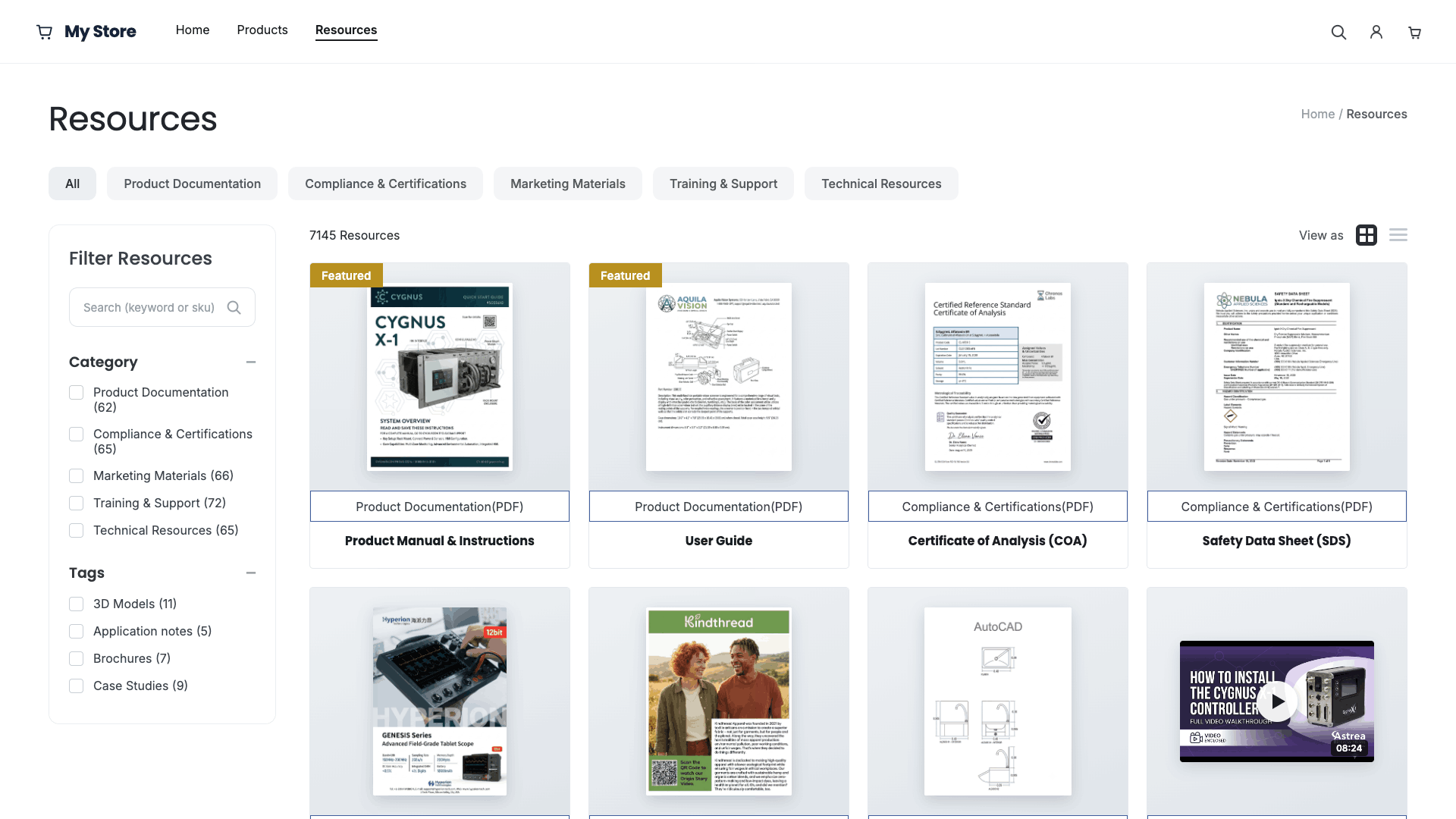 ResourceHub document library on a Shopify store