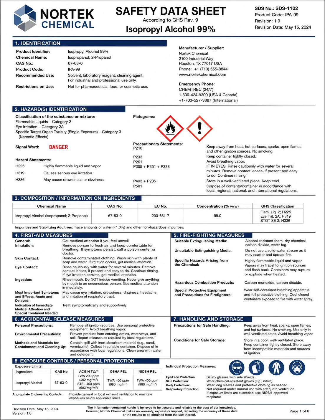 Isopropyl Alcohol 99% Safety Data Sheet