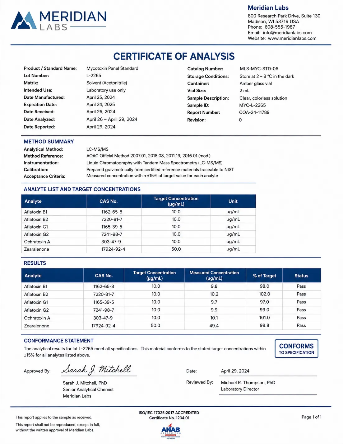 Product specification sheet