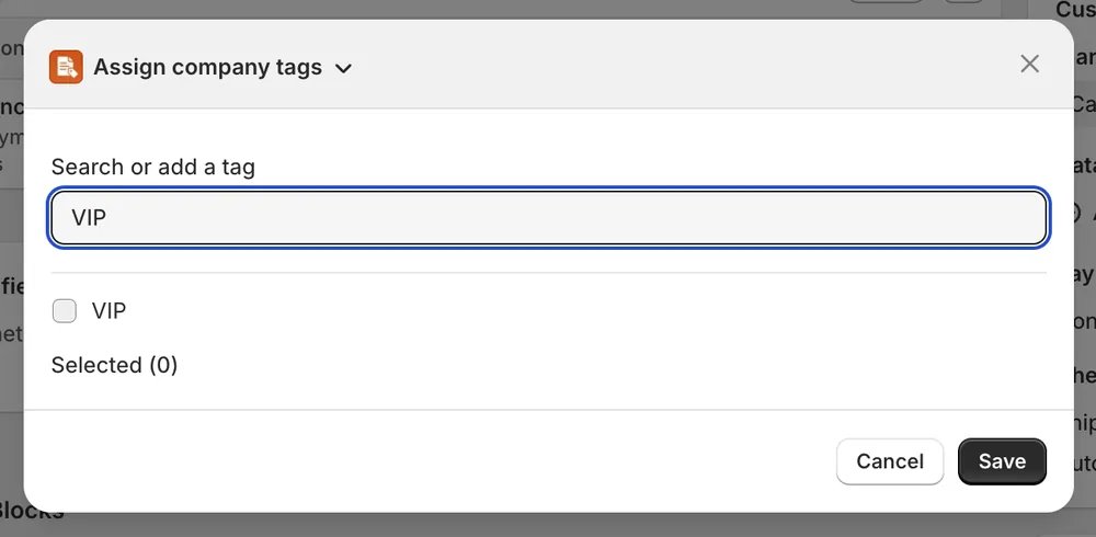 Assign company tags dialog showing an existing company tag and Save button