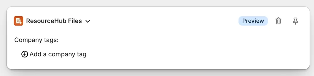 ResourceHub Files block on a Shopify company record showing the Add a company tag action