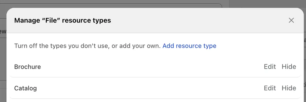 Add resource type link in the Manage File resource types window