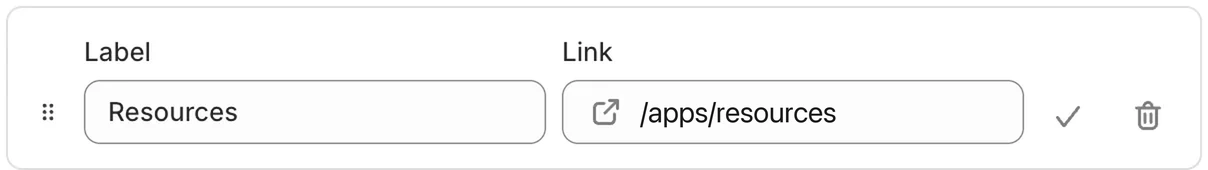 Shopify menu item with the label Resources and the link /apps/resources