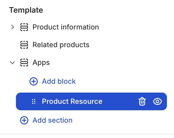 Shopify theme editor template list with the Product Resource app block selected under Apps