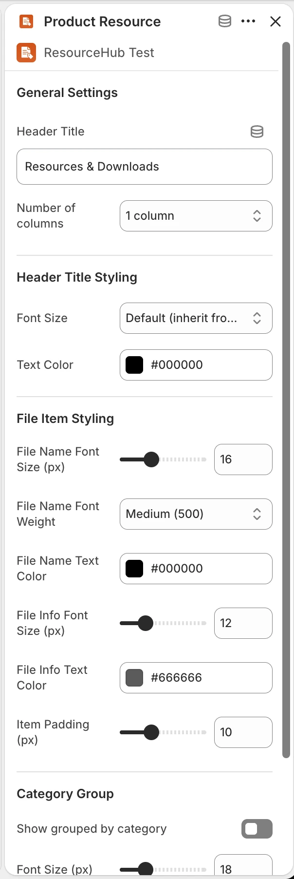Product Resource block settings panel with general settings, header title styling and file item styling
