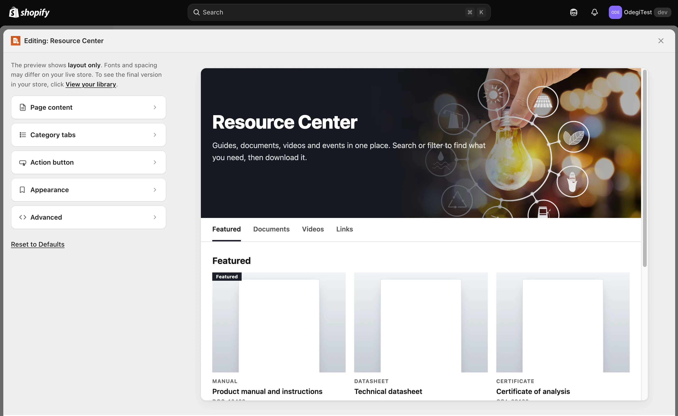 ResourceHub template editor showing the Resource Center settings panel and a live preview of the library page